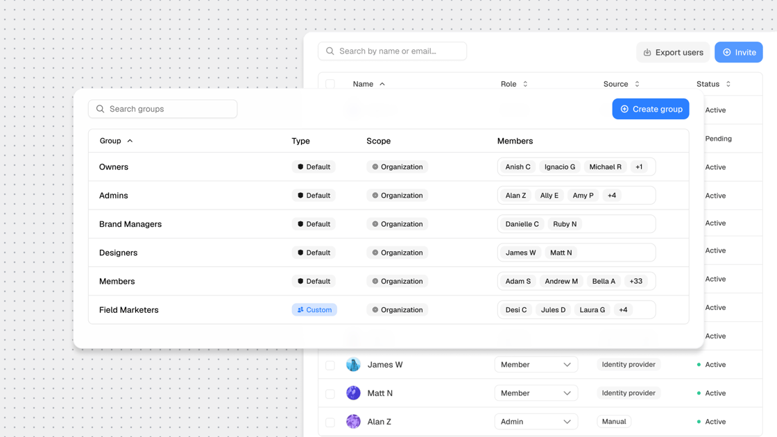 Gradial user groups interface showing default and custom teams with their members