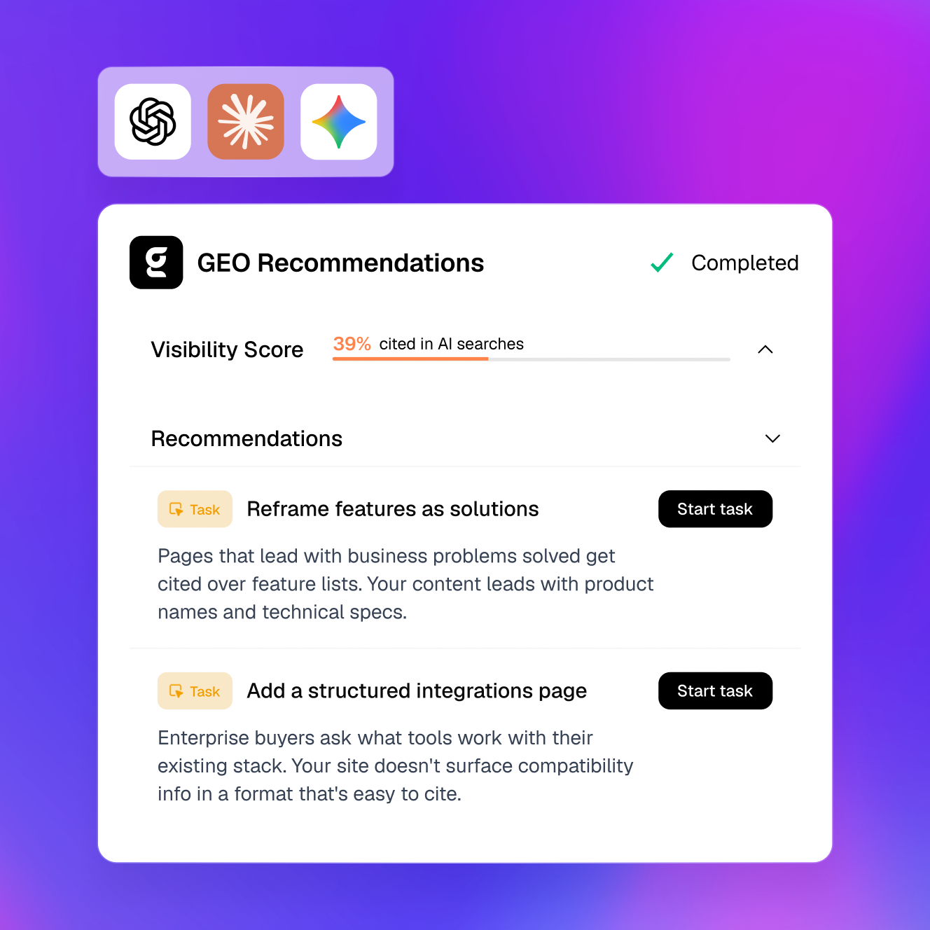 Gradial GEO recommendations showing a visibility score and suggested tasks