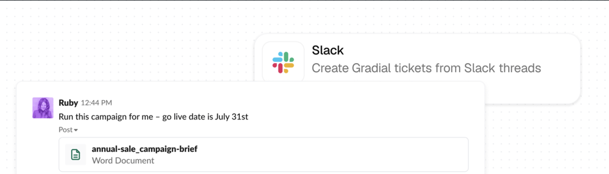 Slack integration for creating tracked Gradial tickets from Slack threads